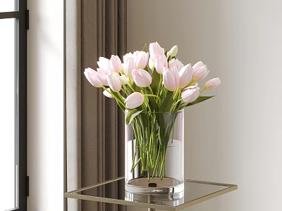 Pink Tulips In Transparent Glass Vase On Glass Tabletop Near Window With Curtains 3d model