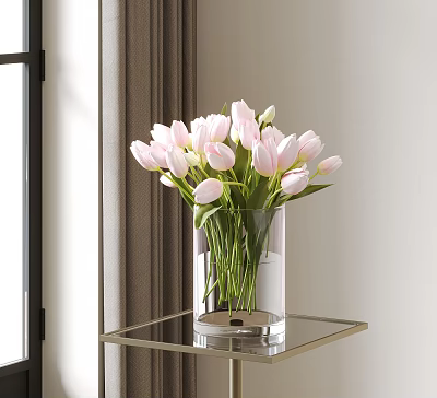 Pink Tulips In Transparent Glass Vase On Glass Tabletop Near Window With Curtains 3d model