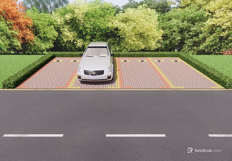 Parking Lot With Red Brick Pavement Yellow Lines And White Car Surrounded By Green Trees 3d model 