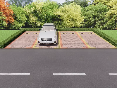 Parking Lot With Red Brick Pavement Yellow Lines And White Car Surrounded By Green Trees 3d model