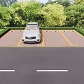 Parking Lot With Red Brick Pavement Yellow Lines And White Car Surrounded By Green Trees