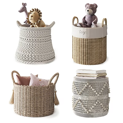 Woven Rattan and Knitted Storage Baskets for Toys Clothes Books Home Organizing 3d model