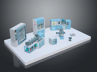 Blue And White Industrial Mechanical Models On White Platform With Various Components 3d model