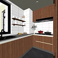 Modern Kitchen With Wooden Cabinets White Tiled Walls Window Sink And Countertop Fruits
