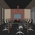 Modern Conference Room With Long Table Ergonomic Chairs Large Windows And Pendant Light