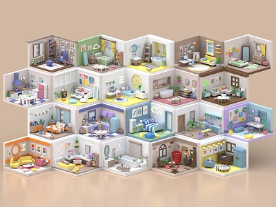 Aerial Planning of Colorful Miniature Rooms With Detailed Interior Design and Multi Zone Layout 3d model