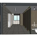 Modern Public Restroom With Wooden Cubicles Large Windows Clean Sinks And White Handrails
