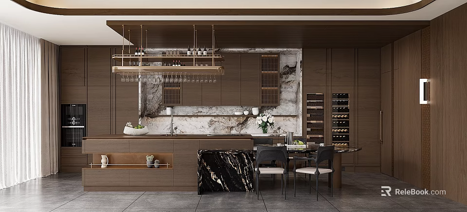 Modern Bar Area With Dark Brown Cabinetry Marble Countertop And Hanging Wine Glass Rack 3d model 