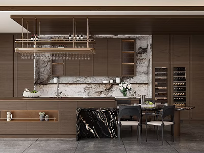 Modern Bar Area With Dark Brown Cabinetry Marble Countertop And Hanging Wine Glass Rack 3d model
