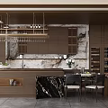 Modern Bar Area With Dark Brown Cabinetry Marble Countertop And Hanging Wine Glass Rack