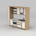 Modern Wooden Kitchen Cabinet With Stove Kettle Open Shelves And Decorations