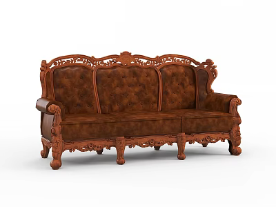 Classic Three Seater Sofa with Ornate Carved Wooden Arms and Tufted Leather Upholstery 3d model