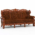 Classic Three Seater Sofa with Ornate Carved Wooden Arms and Tufted Leather Upholstery