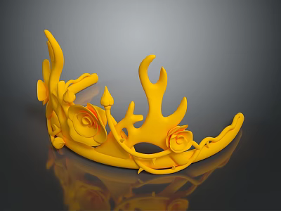 Yellow Crown Shaped Sculpture With Flame Details And Rose Carvings On Smooth Reflective Surface 3d model