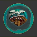 Mythical Warrior Figure With Double Blades Standing On Rocky Base Surrounded By Turquoise Waves