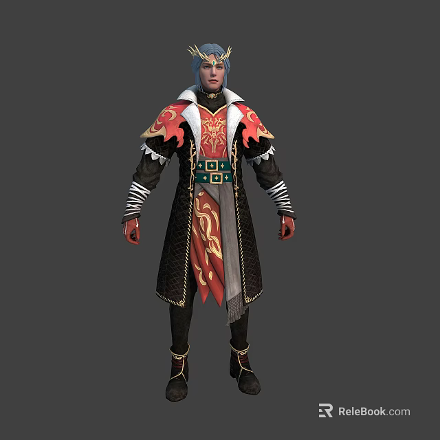 Fantasy Warrior Character In Red Black Robe With Golden Dragon Motifs And Ornate Trim 3d model 