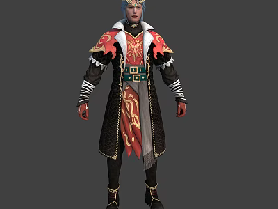 Fantasy Warrior Character In Red Black Robe With Golden Dragon Motifs And Ornate Trim 3d model