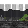 Modern Feature Wall With Vertical Slats Mountain Silhouette Warm Lighting Water Feature And Green Plants
