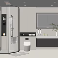 Modern Bathroom Interior With Glass Shower Enclosure Toilet Vanity Mirror And Plants