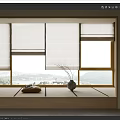 White Roman Curtains In Wooden Window With Decorative Vase On Sill And Mountain View