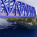 Blue Steel Structure Bridge Over Water With Boat Roads Green Fields And Mountains
