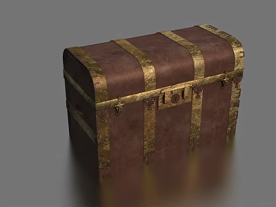 Vintage Brown Wooden Chest With Gold Decorative Trim And Ornate Brass Lock Hardware 3d model