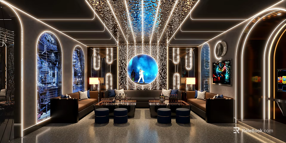 Modern Luxury KTV Lounge Interior With Stylish Lighting Sofa Seats And Large Entertainment Screen 3d model 