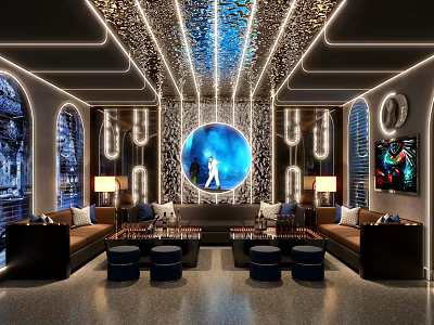 Modern Luxury KTV Lounge Interior With Stylish Lighting Sofa Seats And Large Entertainment Screen 3d model