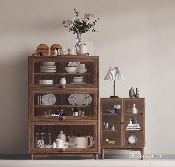 Wooden Sideboard With Plates Cups Jars Vase Table Lamp Small Clock And Storage Cabinets 3d model 