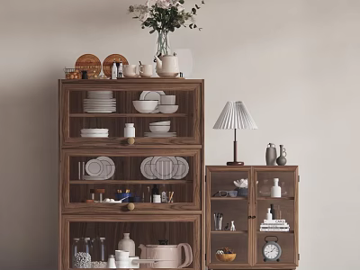 Wooden Sideboard With Plates Cups Jars Vase Table Lamp Small Clock And Storage Cabinets 3d model