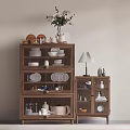 Wooden Sideboard With Plates Cups Jars Vase Table Lamp Small Clock And Storage Cabinets