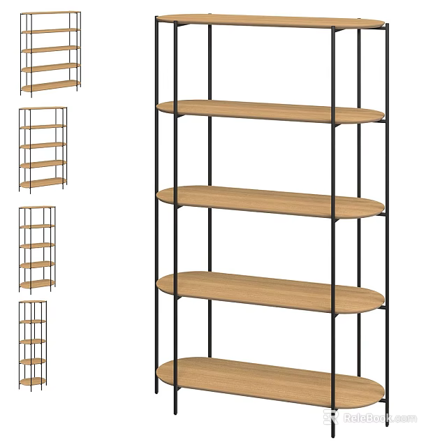 Modern Multi Tier Storage Shelving Unit With Wooden Shelves And Metal Frame 3d model 