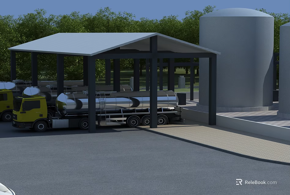 Industrial Plant Featuring Covered Loading Area Yellow Truck And Silver Storage Tank 3d model 