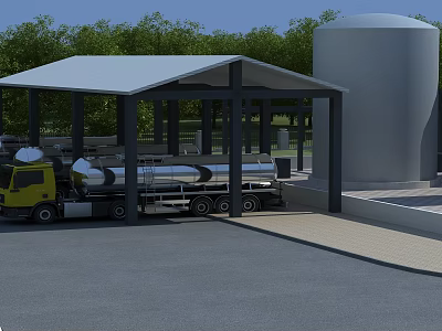 Industrial Plant Featuring Covered Loading Area Yellow Truck And Silver Storage Tank 3d model