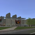 Modern Commercial Street With Glass Facade Buildings Pedestrians Vehicles And Tall Skyscrapers Under Evening Sky