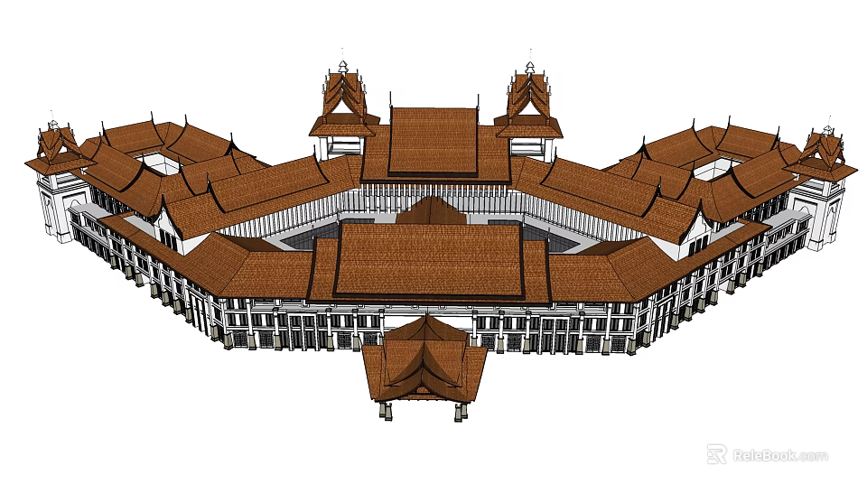 Traditional Architectural Complex With Symmetrical Layout And Brown Roofs In Aerial View 3d model 