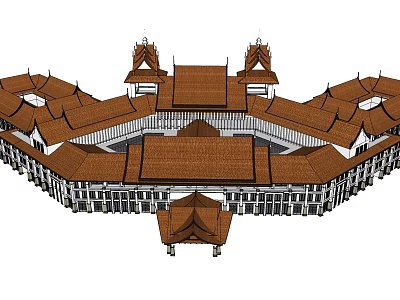 Traditional Architectural Complex With Symmetrical Layout And Brown Roofs In Aerial View 3d model