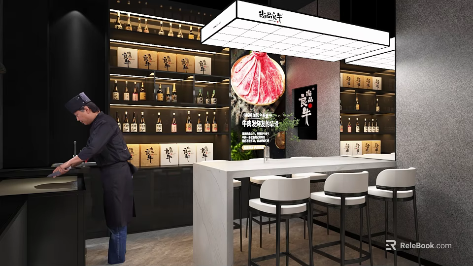 Stylish Modern Restaurant Interior With Chef At Bar Counter And Wine Racks 3d model 