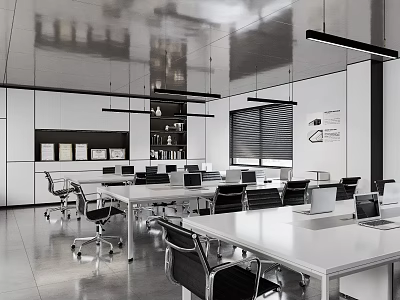 Modern Open Public Office Space Design With White Desks Black Office Chairs And Metal Ceiling 3d model