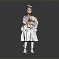 Cute Little Girl Wearing Pink Top And White Dress Holding Teddy Bear Against Gray Background