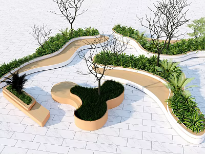 Contemporary Tree Pit Design With Trees Green Plants Curved Pathway And White Pavement 3d model