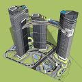 Modern Twin Tower Office Building Connected by Sky Bridge in Urban Setting With Greenery