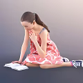 Woman Sitting on Floor Reading Book in Pink Floral Dress with Sneakers and Ponytail