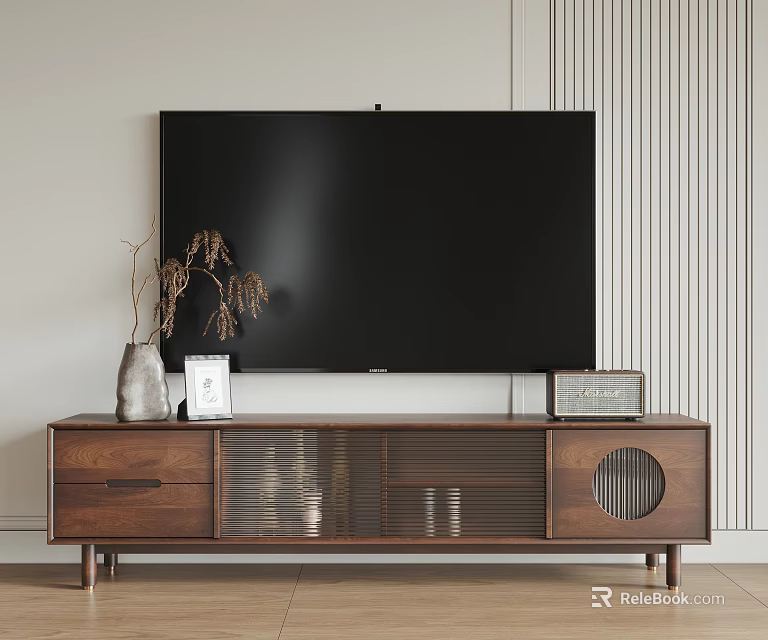 Wooden TV Stand with Glass Doors Drawers and TV Vase Photo Frame Family Sign 3d model 