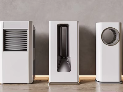 Three Modern White Air Cooler Fans Featuring Different Sleek Designs And Vents 3d model