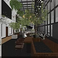 Bright Lounge Area With Large Windows Natural Light Potted Trees Comfortable Sofas And Wooden Decor