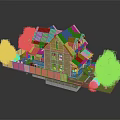 Cartoon Scene of Wooden House With Brown Roof Solar Panels And Surrounding Trees