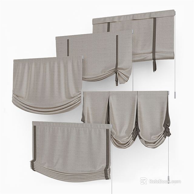 Elegant Gray Roman Blinds With Linen Fabric And Various Designs For Home Windows 3d model 