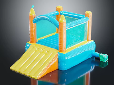 Inflatable Kids Sports Play Equipment with Blue Yellow Orange Slide and Safety Net 3d model