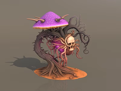 Fantasy Plant Design With Purple Spotted Mushroom Twisted Roots Tentacle Like Vines on Orange Ground 3d model